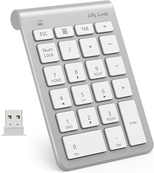 Wireless Number Pad, Jelly Comb N030 Portable Mini USB 2.4GHz 22-Key Financial Accounting Numeric Keypad Keyboard Extensions for Data Entry for Laptop, PC, Desktop (Wireless, White and Silver)