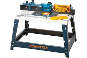 POWERTEC Benchtop Router Table w/Metal Stand and Adjustable Fence Set – 24" x 16" Laminated MDF Top, Aluminum Insert Plate, 2-1/2" Dust Port, Fence Stop, Featherboard and More Accessories (71963)