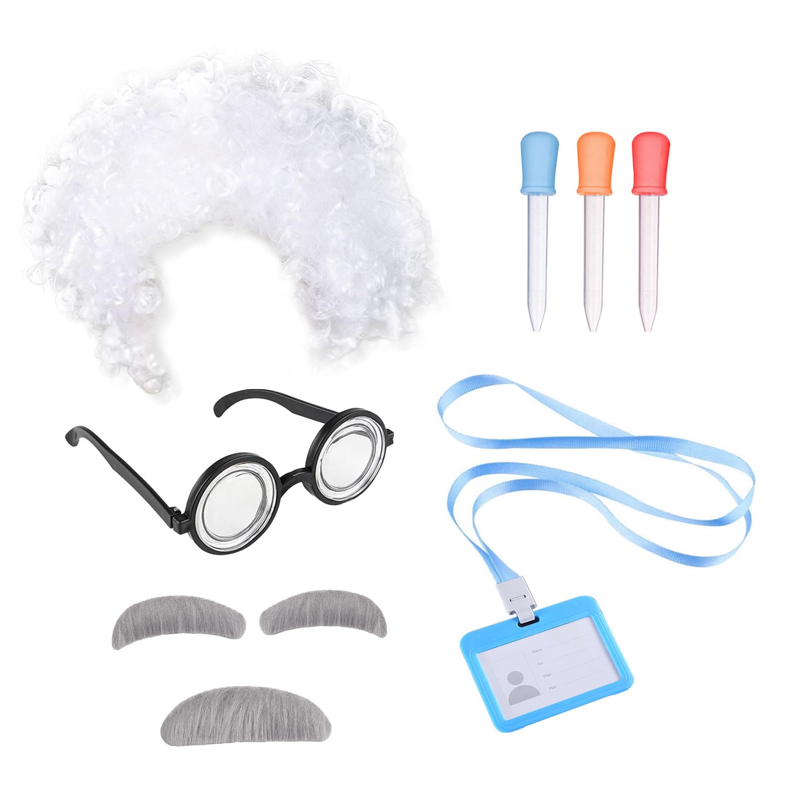 UILYNIU 7 Pieces Mad Scientist Costume Include Lab Wigs Nerd Glasses Mustaches Eyebrows Liquid Dropper Work Card, Frizzy White Scientist Lunatic Wigs Old Man Costume Fancy Dress for Adults Kids(7PCS)
