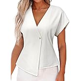 EVALESS Womens Denim Shirts Short Sleeve Button Down Shirts Spring Summer Tops V Neck Work Blouses Asymmetrical Jean Jacket