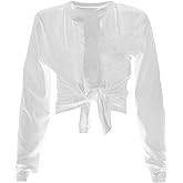 Zoyami Womens Sexy Tie Front Crop Top Long Sleeve Graphic Tee Shirt Clubwear