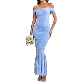 URYIAO Off Shoulder Maxi Dress for Women Ruched Bodycon Formal Wedding Guest Long Dresses