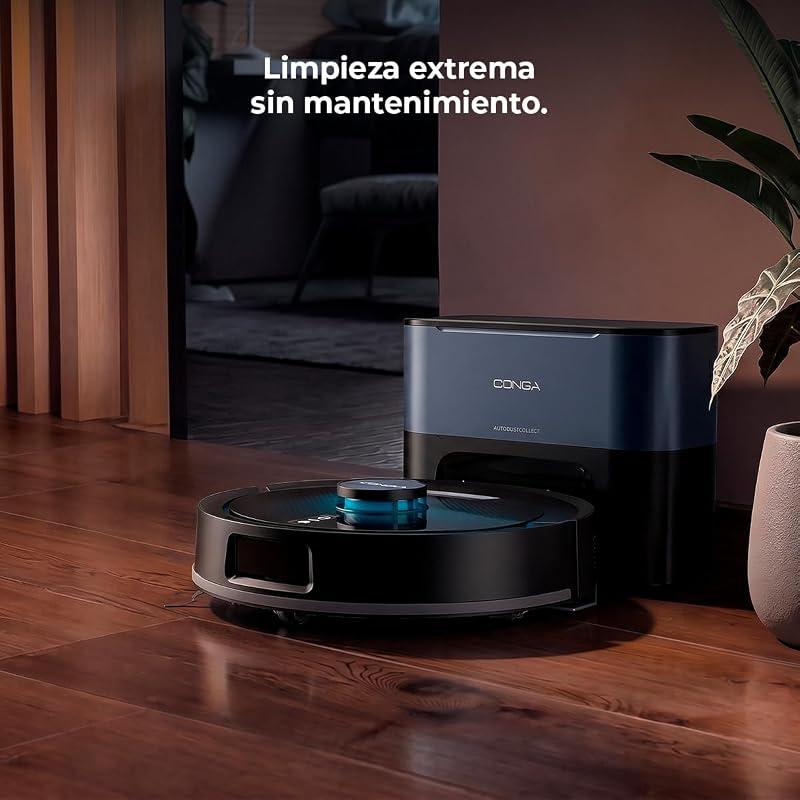 Robô aspirador e esfregão com base auto-esvaziante Conga Y80 Dark. Navegação a laser, 25000Pa, autonomia 240min, escova de silicone para animais, saco de pó 3L, Bluetooth e WiFi, aplicação