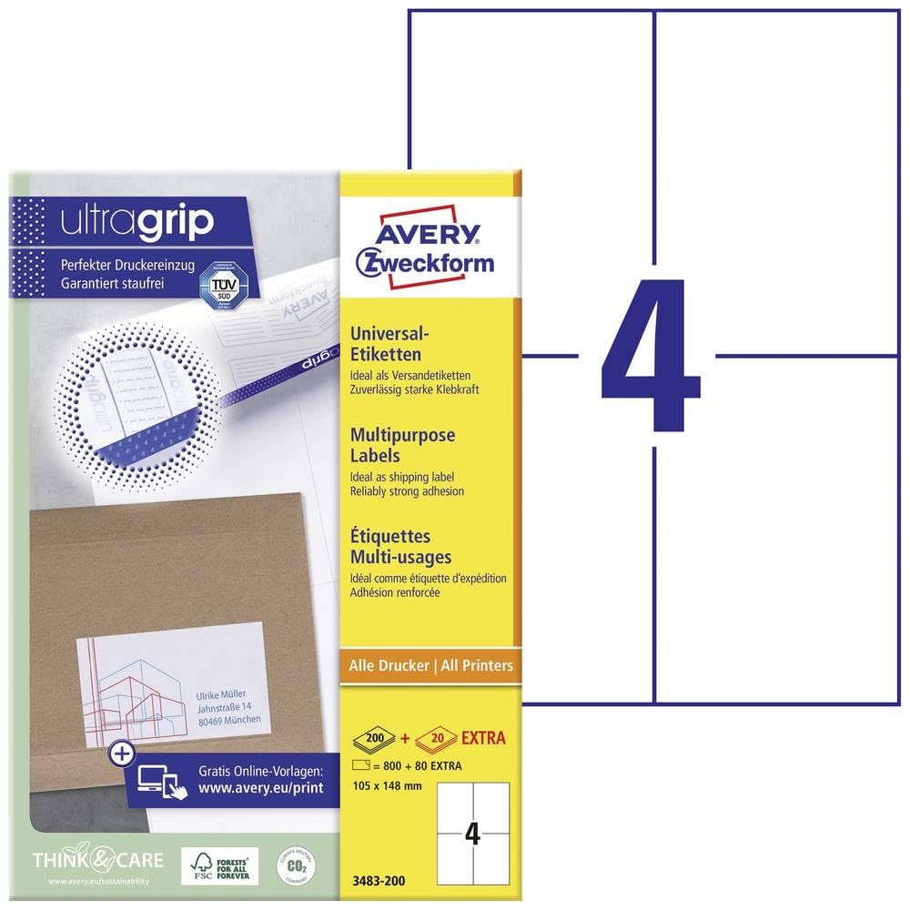 Avery Zweckform 3483-200 Universal Labels 105x148 mm for Inkjet Laser Copy White