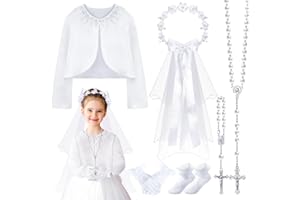 Funtery 6 Pcs First Communion Veils Set 1st Communion Shawl Wreath Veil Headpiece Glove Sock Necklace Bracelet Kid
