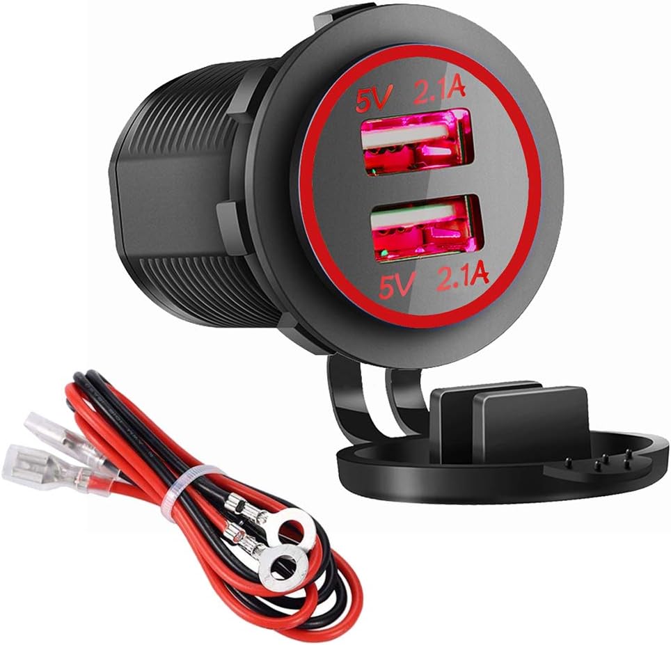Dual USB Charger Socket Power Outlet - 2.1A & 2.1A for Car Boat Marine Mobile with Wire Fuse DIY Kit (4.2A-Red)