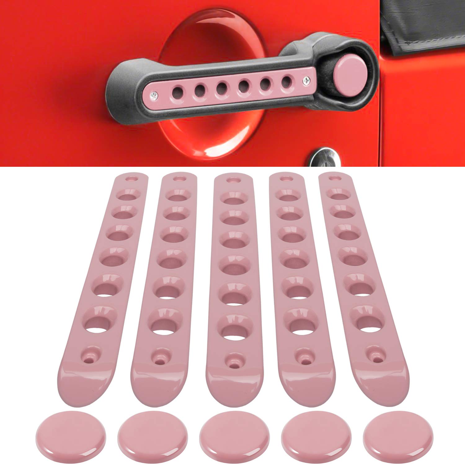 Photo 1 of E-cowlboy Grab Handle Inserts Cover+Push Button Knobs Cover Trim for Jeep Wrangler JK JKU Sahara Rubicon Unlimited 2007-2018 Exterior Door Handle Decoration Accessories Aluminum (Pink)