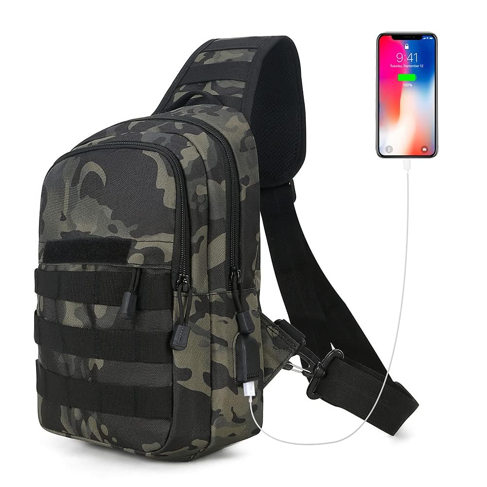 HUNTVP Tactical Chest Bag Molle Chest Sling Pack Backpack with Water Bottle Holder Pouch/USB for Hiking Cycling Gym School Dog Walking Outdoors(Type3-camo)