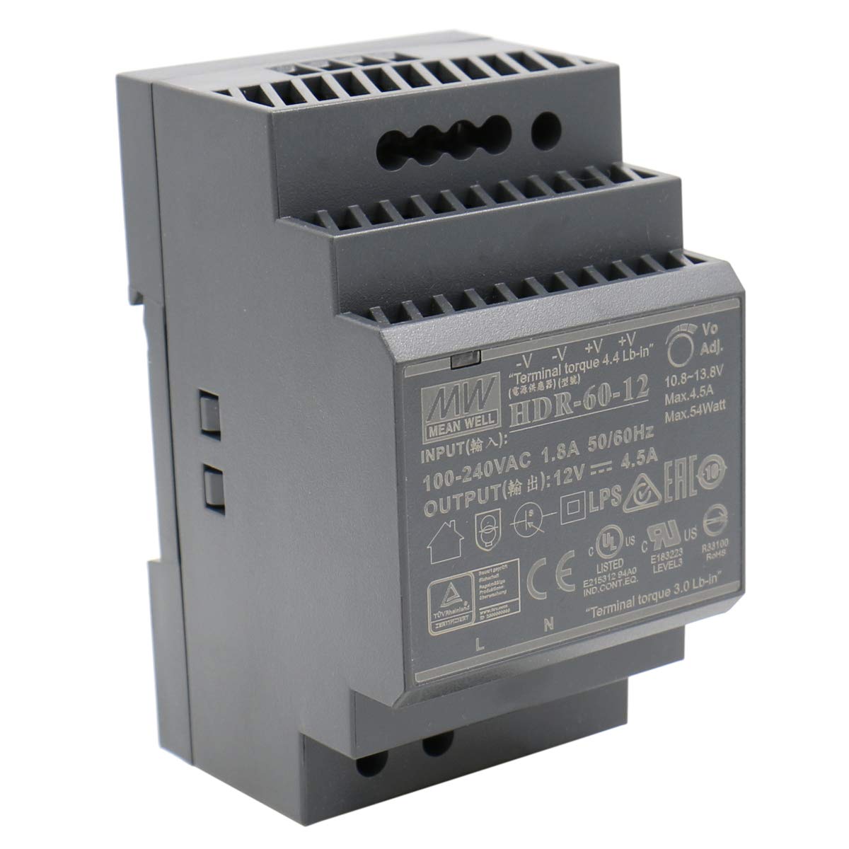 Mean Well Din-Rail power supply 54W 12V 4,5A ; MeanWell HDR-60-12 ; Panel Mount