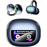 MINISO Clip On Earbuds Open Ear Earbuds Wireless Bluetooth 5.4 Headphones Heart Rate Monitor, Noise Cancelling, IPX5, LCD Full Color Touch Screen, Sports Ear Buds wiht mic Secure Fit for Small Ears
