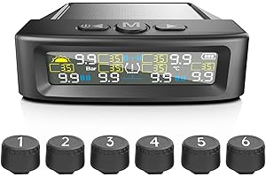 YOUNICE Tire Pressure Monitoring System，T12 TPMS Wireless Solar Monitor with 6 Tire Sensors 6 Alarm Modes LCD Display Auto Sleep Mode for Trailer Truck Off Road Pickup(6 Sensors, External 0-144PSI)