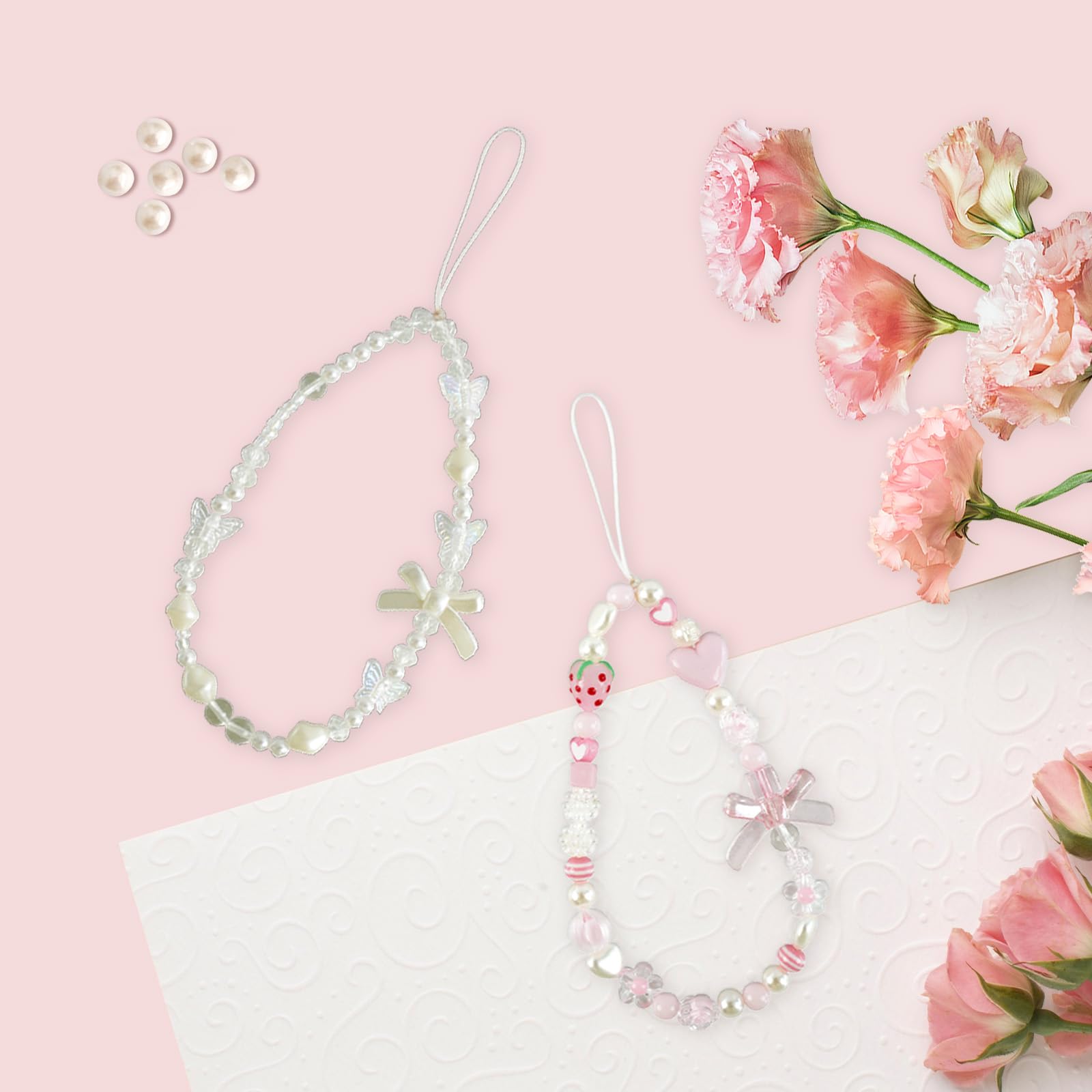 Pink Beaded Phone Wrist Straps, Y2K Phone Case Charms Camera Charm Strap, Lanyard Keychain Wristlet Aesthetic Cellphone Charm