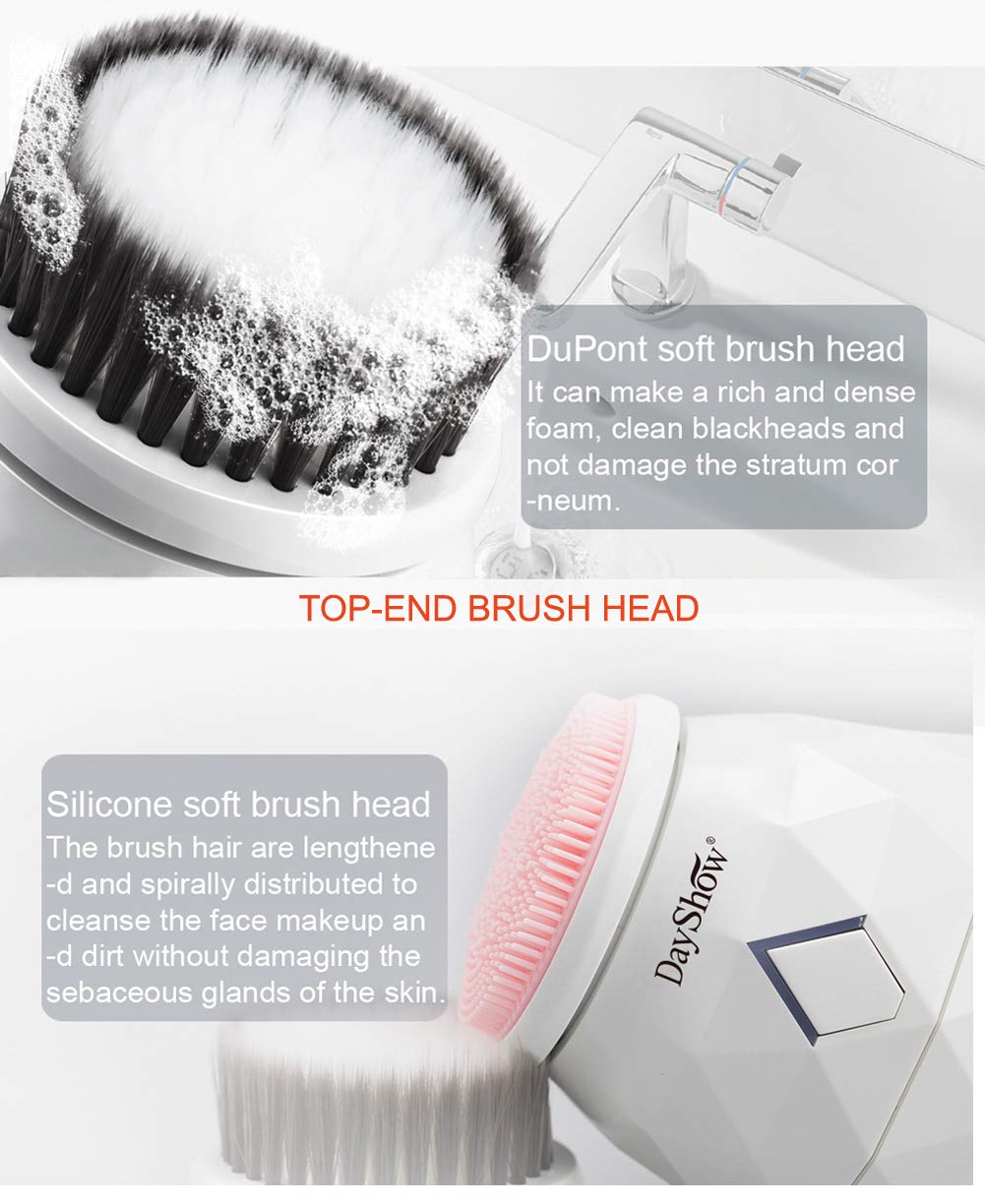 Facial Cleansing Brush Waterproof NEWEST Electric Sonic Face Brush Vibrating Face Cleansing System - 4-Speed Soft Silicone Exfoliating Brush Blackhead Exfoliator - USB Rechargeable Battery Operated