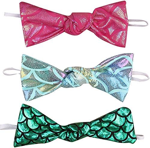 Baby Girls Mermaid Headbands Elastic Bow Hairband Hair Accessories 3 Pack (A Pink&Green&Colored)