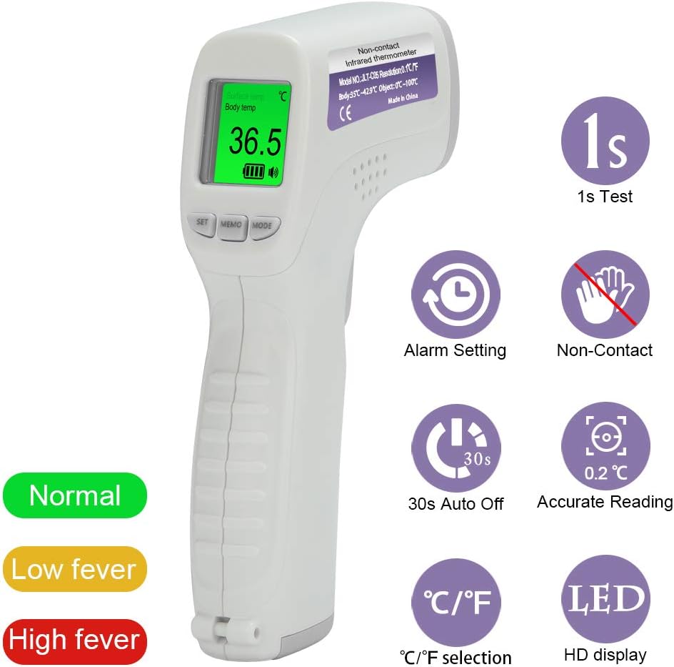 Infared Forhead Thermometer, Padcod No Contact Digital Infrared Body Thermometer Accurate Instant Readings LCD Screen Temperature Gun with Fever Alarm,32 Group Data Memory for Baby and Adults (Grey)