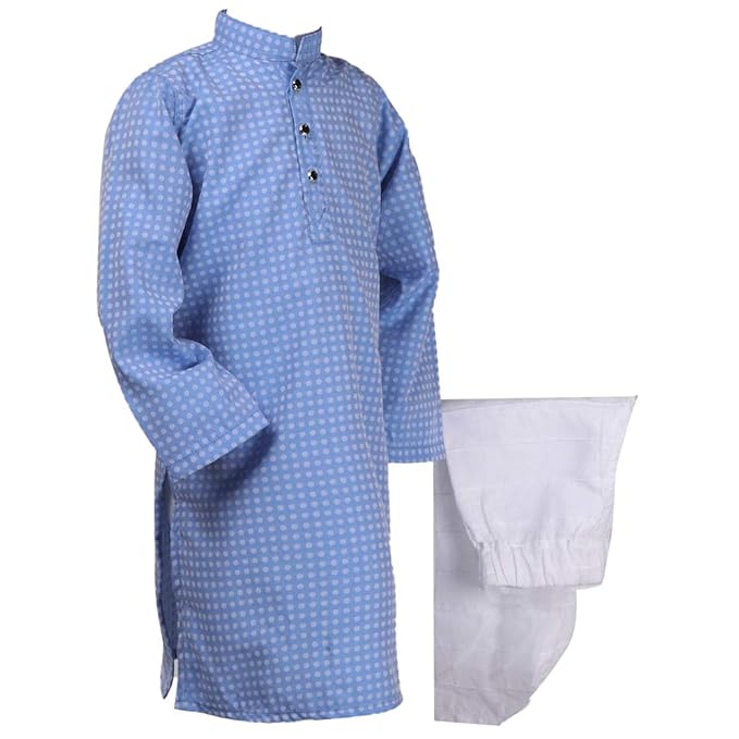 Knotty Kids By Hopscotch Baby Boys Cotton Polka Dot Print Full Sleeve Kurta And Pyjama Set in Blue Color