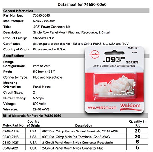 Molex (6 Set) 2-Pin Connector Kit 0.093", 22 AWG to 18 AWG Socket Connectors - Thumbnail 2