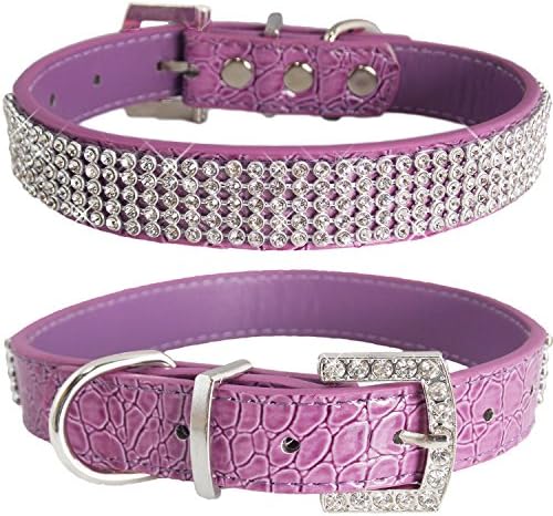 WwWSuppliers Crocodile PU Leather Bling Brilliant Sparkling Shine Flashy Rhinestones Adjustable Dog Puppy &amp; Cat Luxury Cute Elegant Fashion Collar (Purple, Large)