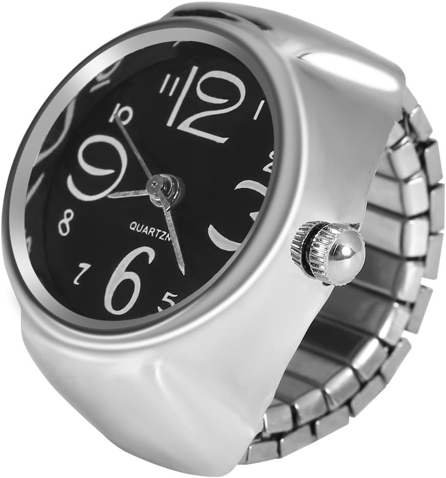 Dilwe Ring Watch, Unisex Analog Quartz Finger Watch for Men Women Stainless Steel Strap Black Elastic Alloy Case Daily Party Gift - Image 5
