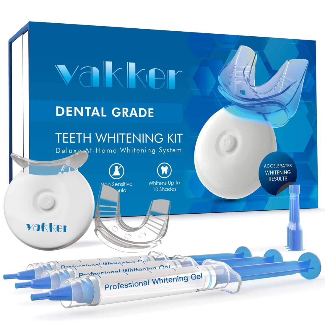 Vakker Teeth Whitening Kit with LED Light, 10min Fast-Result Teeth Whitener, 3 Non-Sensitive 35% Carbamide Peroxide Teeth Whitening Gel Pen and Tray to Help Remove Teeth Stain from Coffee Drinks Food: Beauty