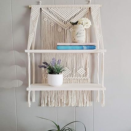 Faith Hope Love Home Wall Pot Planter Hanging Wooden Shelf Cotton Macrame Handmade for Multiple Plant Pots, Decorative Item, Wall Hanger for Home Decor ,Living Room, Balcony. (Design-1)