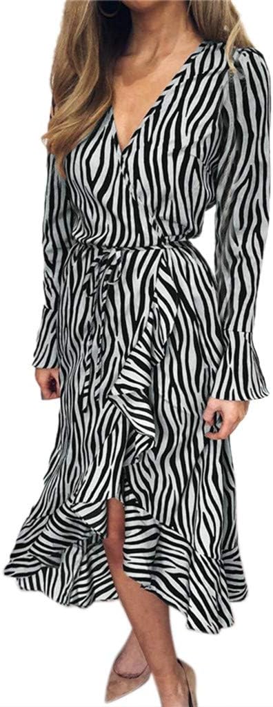 VICCKI Womens Tiger Pattern Print V Neck Bandage Long Sleeve Beach Casual Midi Dress