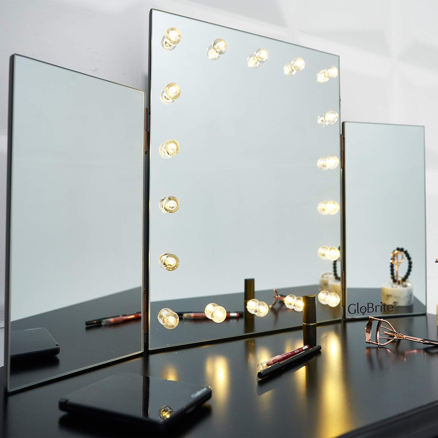 SA Products Glass Hollywood Mirror - 3-Way Standing Vanity Beauty Set with LED Lights for Bathroom or Bedroom - Large Center, Adjustable Side Mirrors -Best for Makeup, Shaving, Hair Styling - Medium