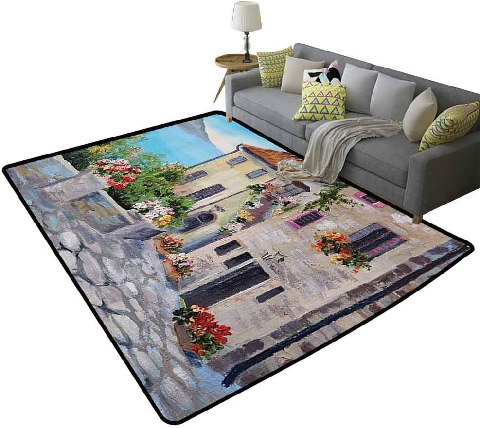 Lakehouse Decor Collection Large Area Rugs for Living Room Old Houses in a Small Town Near The Sea Flower Pots at Windows Oil Painting Will not Fade Blue Ivory Red Green Orange, 5'x 8'(150x240cm)