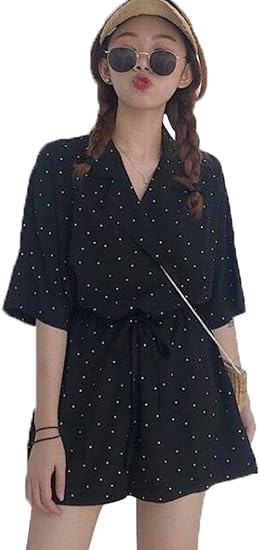 Amazon ジュンィ レディース オールインワン ショートパンツ ゆったり ドット カジュアル 夏 ショートパンツ 半袖ブラック オールインワン 通販 Amazon ジュンィ レディース オールインワン ショートパンツ ゆったり ドット カジュアル 夏 ショートパンツ 半袖ブラック オールインワン 通販