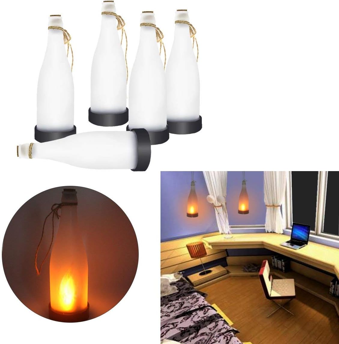 Mixtooltoys Solar Powered Bottle Light Jar Hanging Lights Dancing Flame Fire Effect Lamp Waterproof for Garden Yard Patio Tree Party Wedding Christmas Decorative Lighting Outdoor(Set of 5) - Image 3