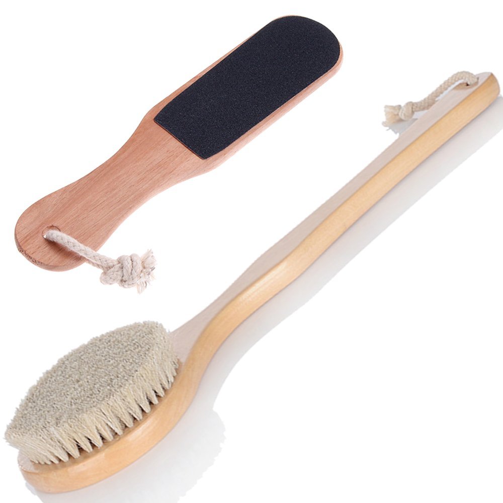 Suyisuer 100% Natural Horse Bristles Bath Brush,Body Scrubber ,Exfoliating Body Massager with Long Wooden Handle for Dry Brushing and Shower, Foot File for Feet and Hands