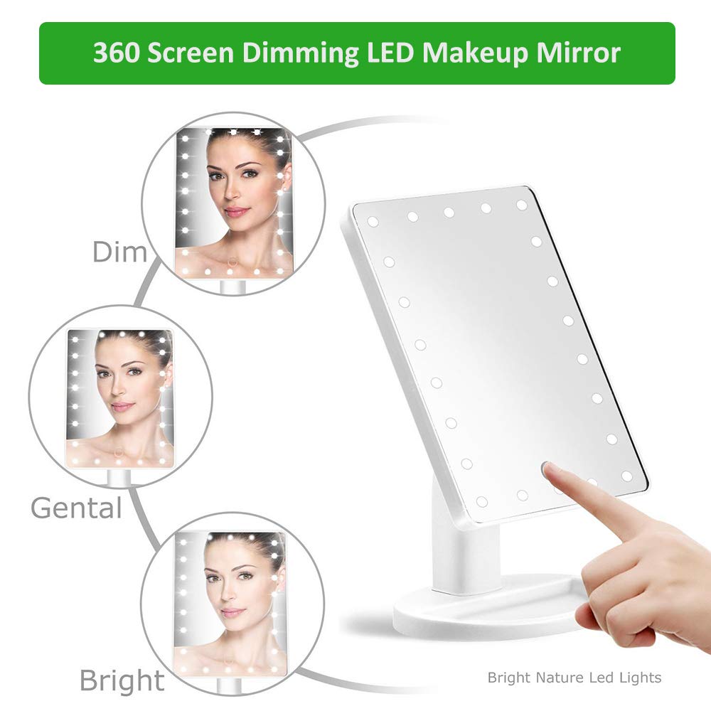Quiklet LED Lighted Makeup Mirror 22 LED Vanity Mirror Touch Screen Light Adjustable Dimmable Daul Power Supply, Detachable 10X Magnification Spot Mirror, White