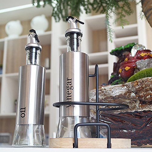 Olive Oil and Vinegar Bottle Set, 2-piece Olive Oil Container Set with Rack and Wooden Base, 10.3 Oz Olive Oil Dispenser|No-Drip Double Spouts|Dishwasher-Safe Glass Cooking Oil Cruet Bottles, by upra