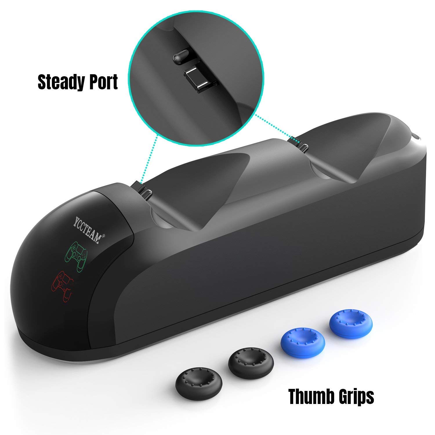 PS4 Controller Charger, Dual USB Fast Charging PS4 Controller Charging Station for Sony Playstation 4/PS4/PS4 Slim/PS4 Pro Controller with 4 Thumb Grips
