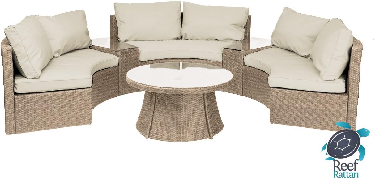 Amazon Com Reef Rattan Comoros Half Moon 6 Pc Curved Bench Sofa Set Natural Rattan Beige Cushions Garden Outdoor