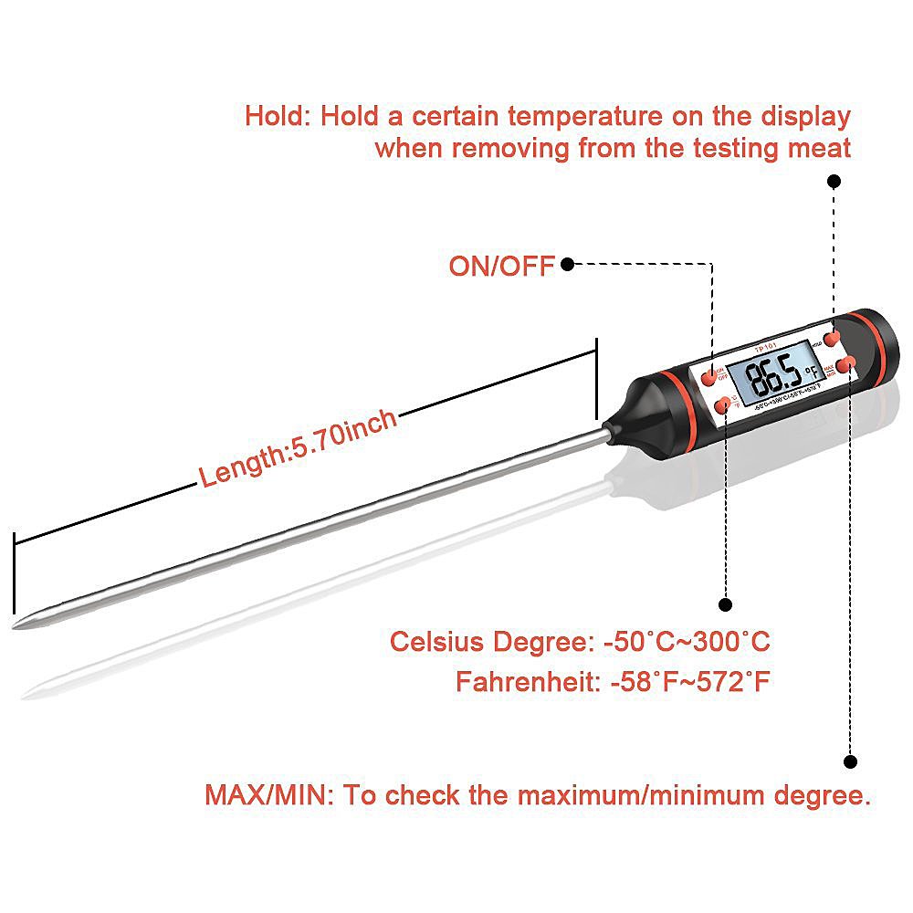 TAFOND Instant Read Digital Cooking Meat Thermometer for Food, Meat, Candy and Bath Water with Long Probe, LCD Screen, Anti-Corrosion,Black