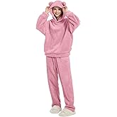 Yimoon Women's Fuzzy Pajamas Sets Hooded Bear Ear Fleece Loungewear Warm Soft Cozy Fluffy 2 Piece Outfits