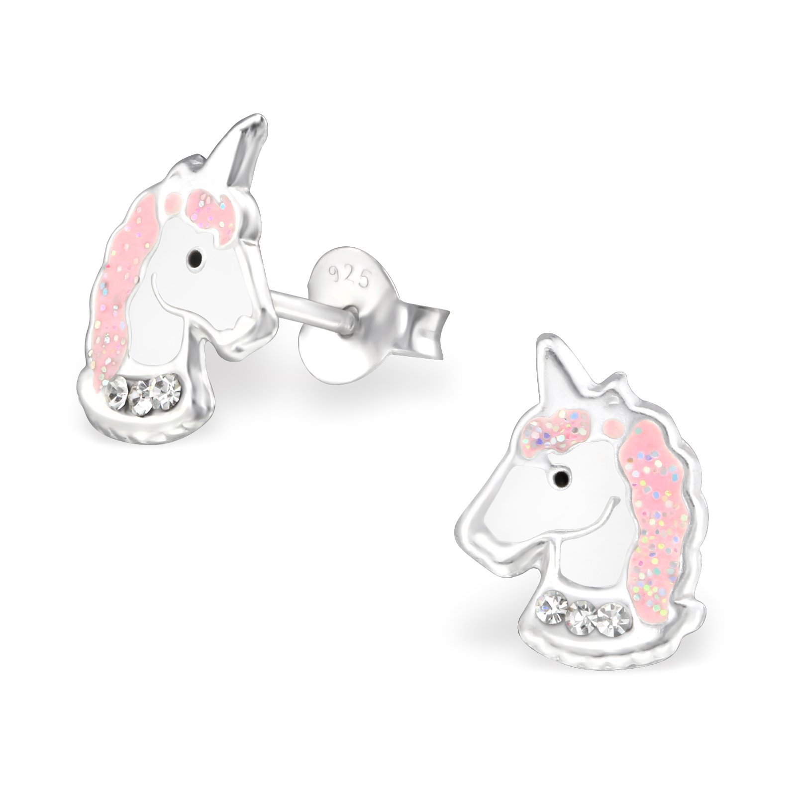 Sterling Silver Kids Pink Unicorn Earrings - Cute Pink Enamel Studs with Sparkling Accents, Hypoallergenic, Earrings for Girls, Magical Jewellery Gift - I love silver jewellery