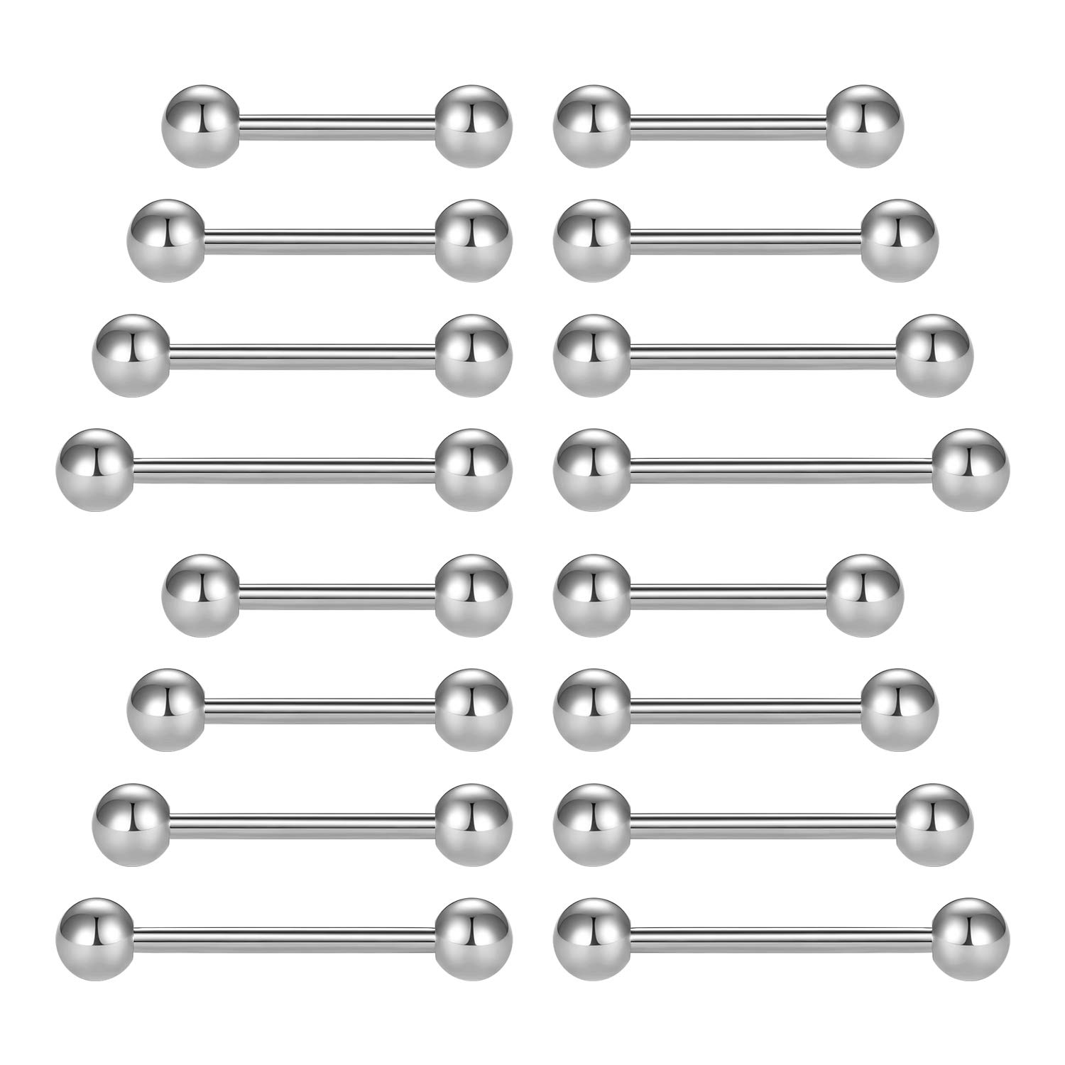 LAURITAMI 16pcs Tongue Bars 14G 12-18mm Straight Barbell Surgical Steel Tongue Nipple Ring Piercing Jewellery Women Men