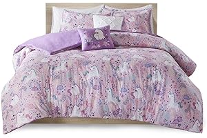 Urban Habitat Kids Duvet Set Vibrant Fun and Playful Print All Season Comforter Cover Matching Shams, Decorative Pillow, Children Bedding, Bedroom Décor, Full/Queen, Unicorn Pink 5 Piece