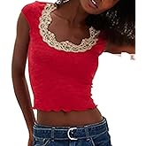 Women Y2K Lace Trim Crop Top Casual Short Sleeve Square Neck Ruffle Hem Baby Tee Cute Solid Color Slim Fit Shirt