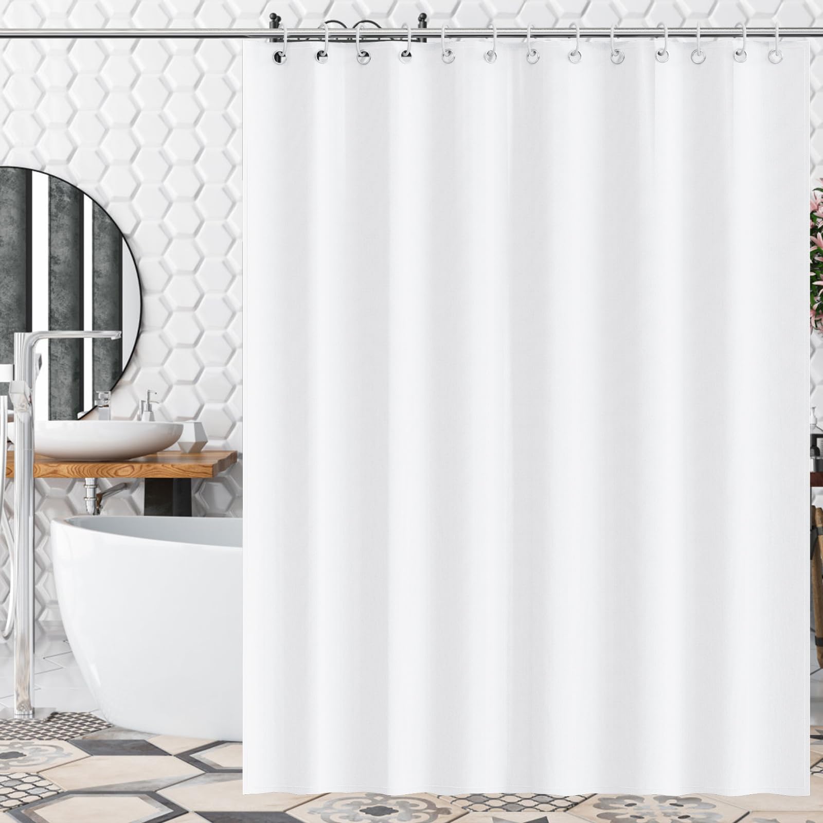 AKHTART Shower Curtain 100 Percent Polyester, Extra Long Shower Curtain with 12 Hooks, Washable and Easy to Dry, Anti-Bacterial Mildew Resistant, 180 x 180 cm Bathroom Curtains (White)
