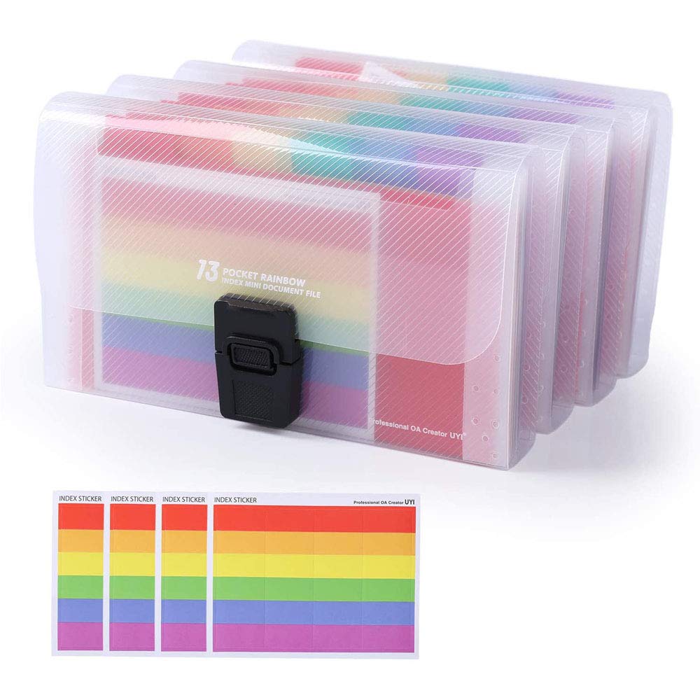 A6 Mini Accordion Receipt Organiser Expanding Portable File Folder Plastic Document Organisers Storage Wallet with Colored Labels Index Pack of 4