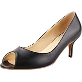 Lutalica W Women's Classic Matte Leather Open Toe Low Kitten Heel Sandals Slip On Medium Heel Peep Toe Dress Pumps Black New Size 10