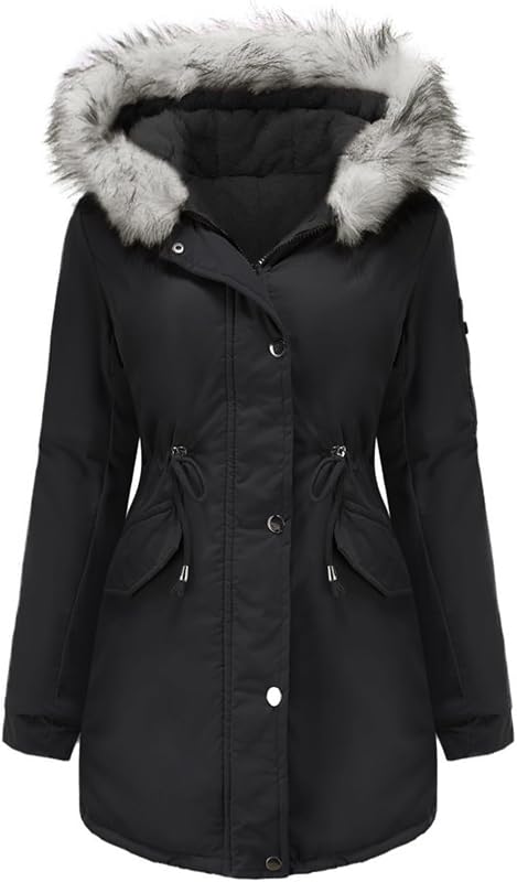 Manteau Femme Hiver Veste Polaire Chaud Parka Manches Longues Blouson Zippée À Capuche Hooded Coat Sweat-Shirts Outercoat avec Poches, Nior, M