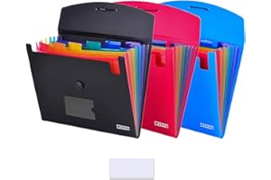CASAON 7-Pocket Expanding File 3pcs, Plastic Expandable File Folder - Black&Blue&Red