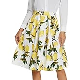 Tandisk Women's Vintage A-line Printed Pleated Flared Midi Skirt with Pockets