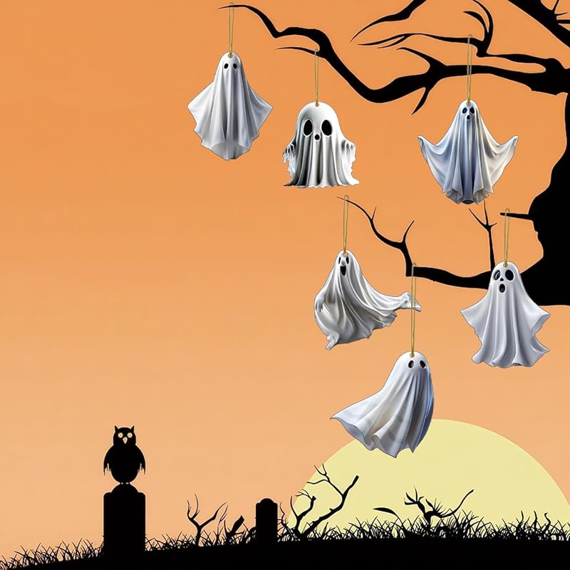 Halloween Geist Anhänger, 6 Stück Geister Hängend Deko, Halloween Deko zum Aufhängen, Acryl Anhänger Deko für Innen Außen Garten Party Dekoration
