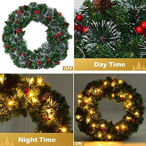 Goplus PreLit Cordless Christmas Wreath, with 50 Warm LED Lights