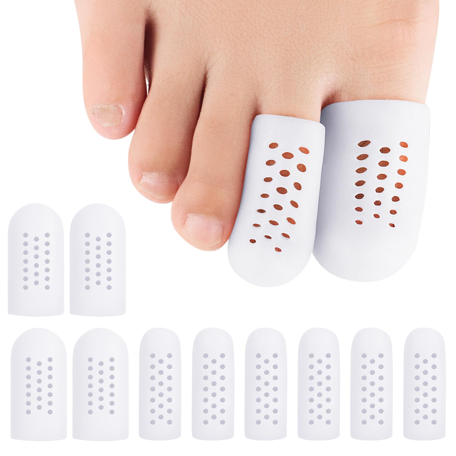 Photo 1 of 10 Pack Toe Caps and Toe Protectors for Women & Men Silicone Toe Covers Cushions for Pain Relief,Toe Bandages and Sleeves for Ingrown Toenails,Corns,Calluses,Blisters(4L +6 S) (White)